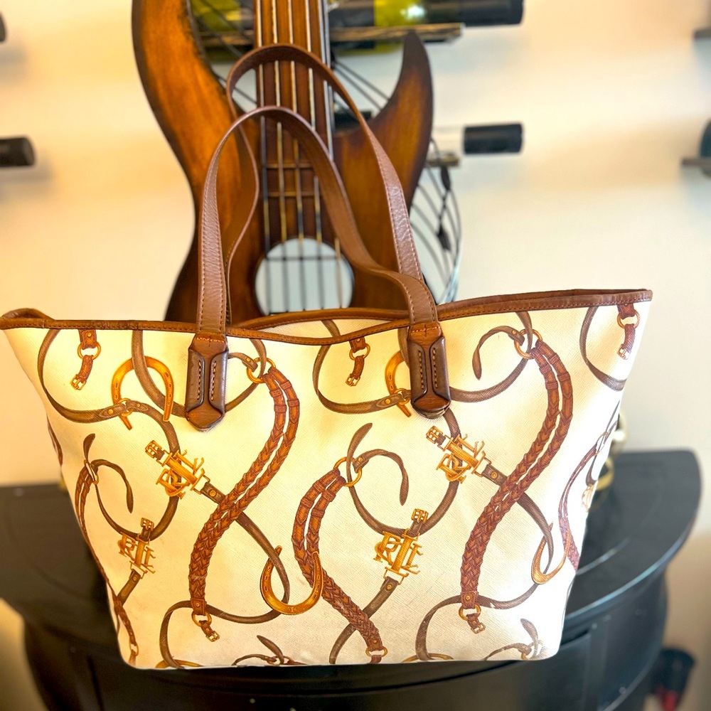 Ralph Lauren Equestrian Print Canvas Tote | RLL Logo Shoulder Bag